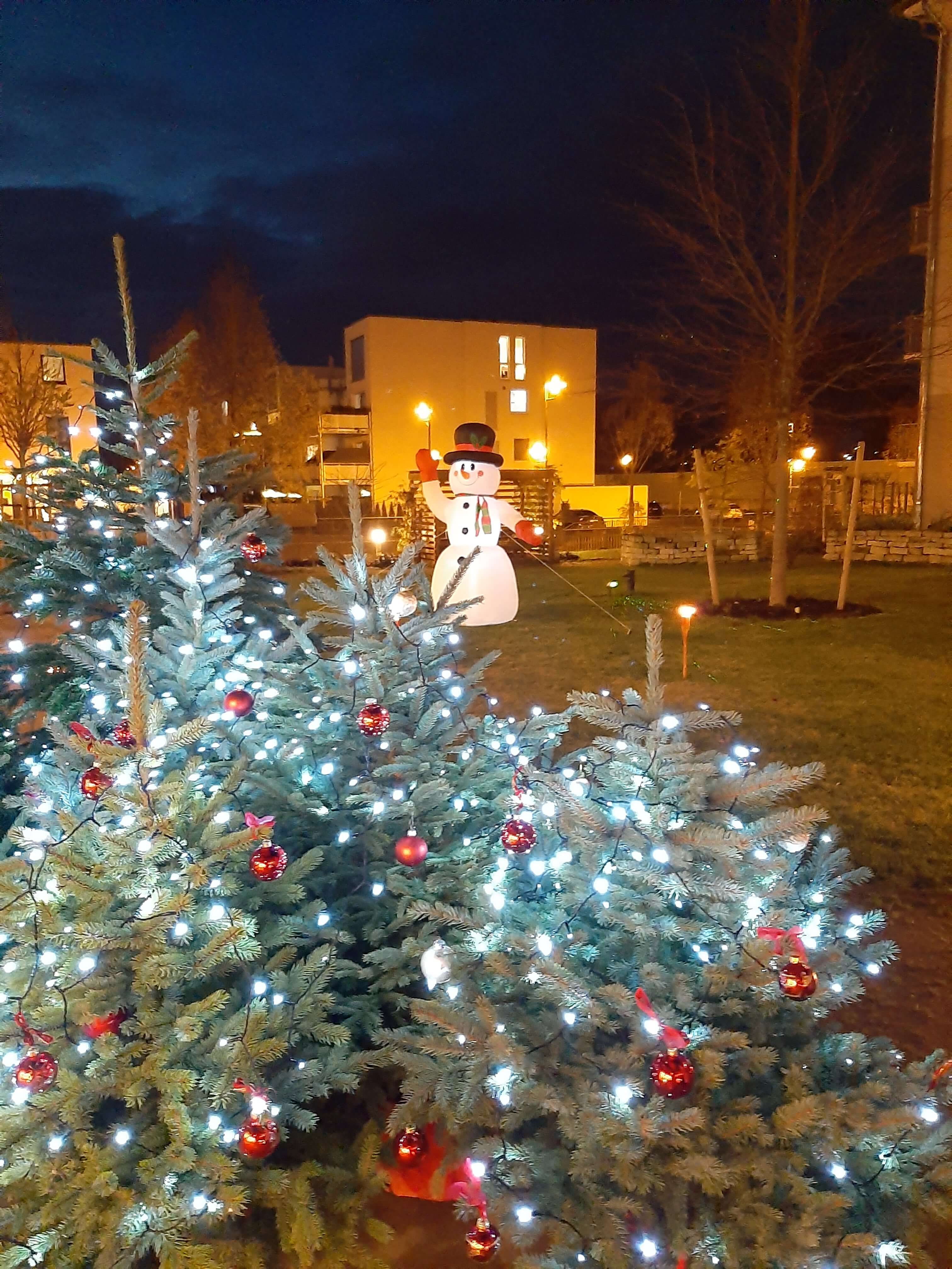 Weihnachtlich geschmückte Tannenbäume mit Lichterketten und roten Kugeln leuchten in der Dunkelheit. Im Hintergrund steht ein großer leuchtender Schneemann, und Gebäude sind warm beleuchtet – die Szene vermittelt festliche Stimmung im Außenbereich einer E